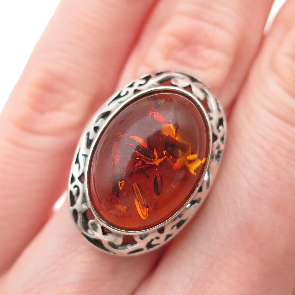 VALERIO V8 925 Sterling Silver Vintage Poland Real Amber Modernist Ring Size 6